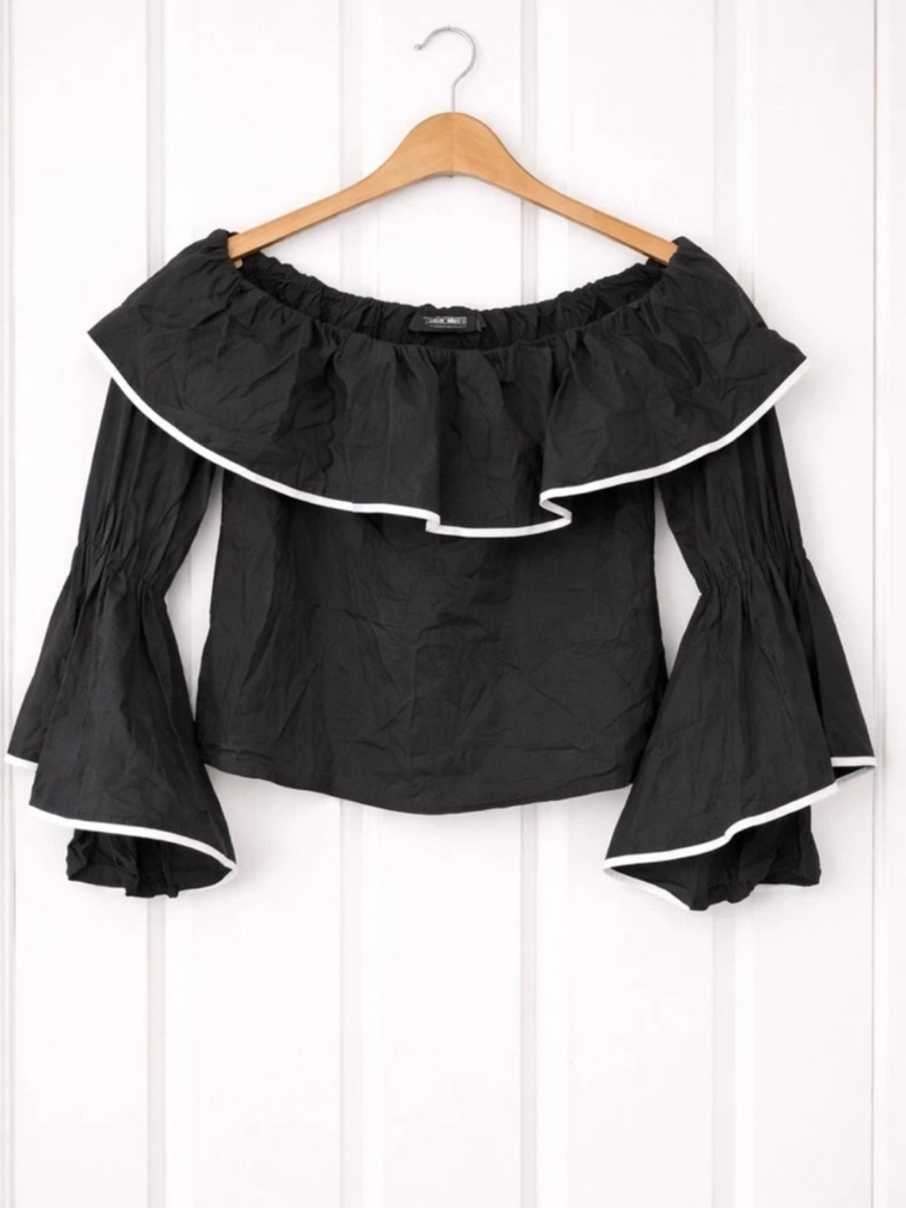 Zara Black Off The Shoulder Poplin Ruffle Angel Sleeves Blouse Top Womens S